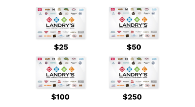 Landry’s Gift Cards available in 4 values to redeem at your favorite brands*